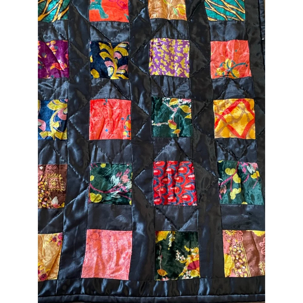 Vintage 60s Boho Patchwork Velvet Quilt Throw + Pillow Sham India Decor